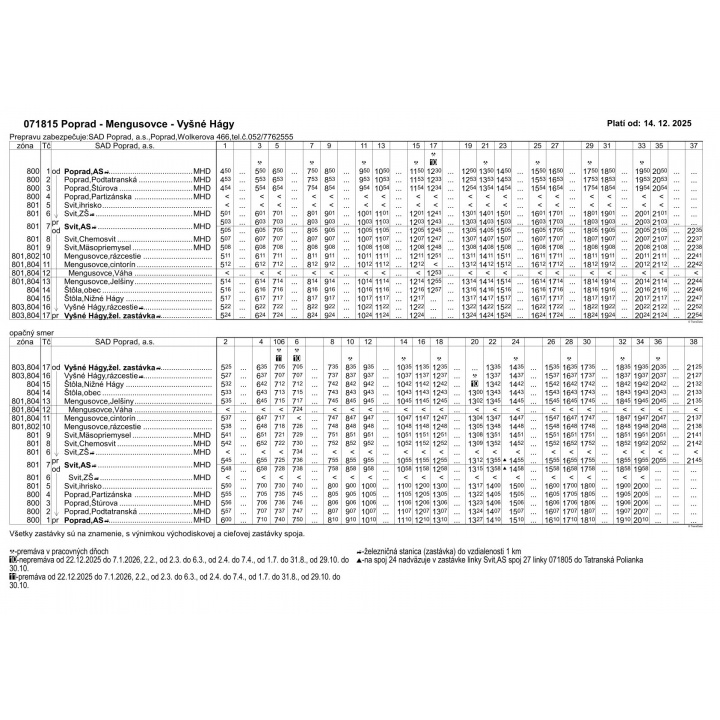 	 Cestovný poriadok Poprad - Mengusovce - Vyšné Hágy, platný od 14.12.2025