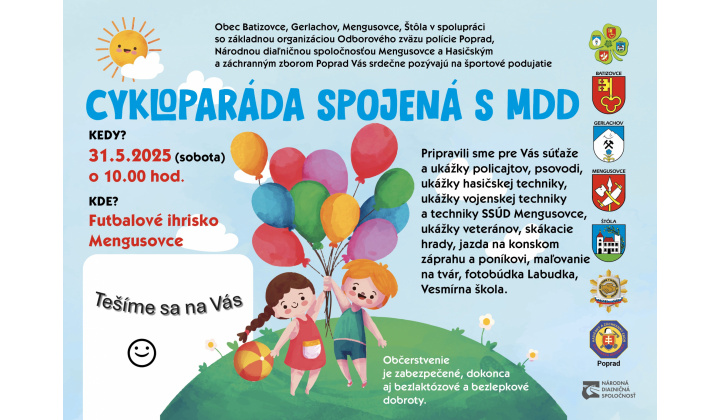 CYKLOPARÁDA SPOJENÁ S MDD dňa 31.05.2025 ( sobota ) o 10.00 hod. na futbalovom ihrisku v Mengusovciach