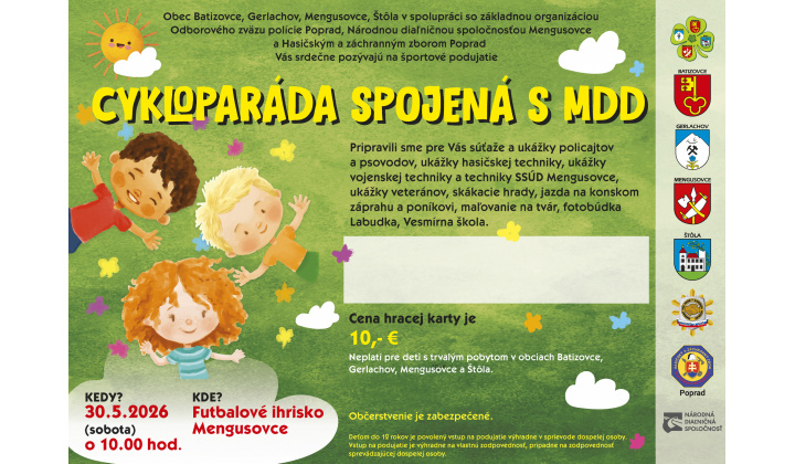 Cykloparáda spojená s MDD v sobotu 30.05.2026 o 10,00 hod.