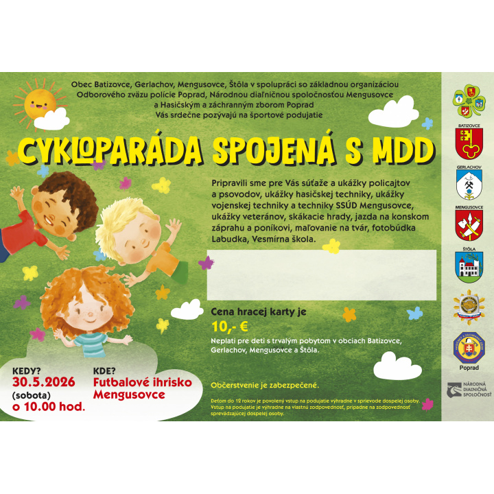 Cykloparáda spojená s MDD v sobotu 30.05.2026 o 10,00 hod.