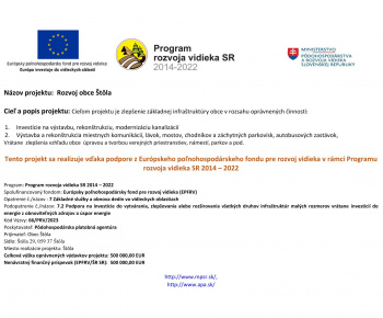 Aktuality / Dotácia z PPA v sume 500 000,- Eur na dobudovanie splaškovej kanalizácie,  rekonštrukcia miestnej komunikácie a  na zelenú infraštruktúru. - foto