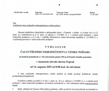Aktuality / Vyhlásenie času zvýšeného nebezpečenstva vzniku požiaru od 14. augusta 2025 od 8.00 hod. do odvolania - foto