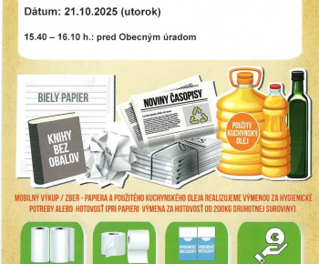 Aktuality / Plánovaný zber papiera dňa 21.10.2025 ( utorok ) o 15.40 – 16.10 h. pred obecným úradom - foto