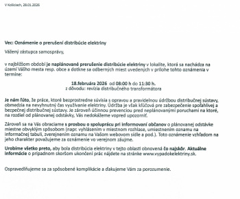 Aktuality / Prerušenie distribúcie elektriny dňa 18. februára 2026 od 8.00 h do 11.30 h z dôvodu revízii distribučného transformátora - foto