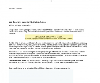 Aktuality / Odstávka elektrickej energie dňa 12.05.2026 od 7.30 hod do 16.30 hod - foto