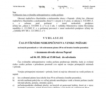 Aktuality / Vyhlásenie času zvýšeného nebezpečenstva vzniku požiaru od 04.05.2026 do odvolania - foto