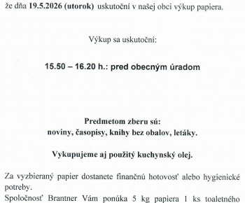 Aktuality / Výkup papiera a použitého kuchynského oleja dňa 19.05.2026 ( utorok ) od 15.50 hod. do 16.20 hod. pred obecným úradom - foto