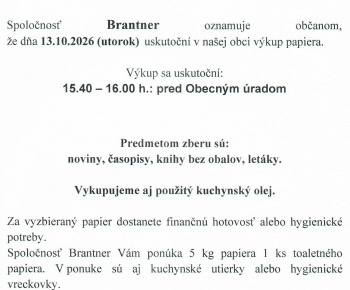 Aktuality / Výkup papiera a použitého kuchynského oleja dňa 13.10.2026 ( utorok ) od 15.40 hod. do 16.00 hod. pred obecným úradom - foto