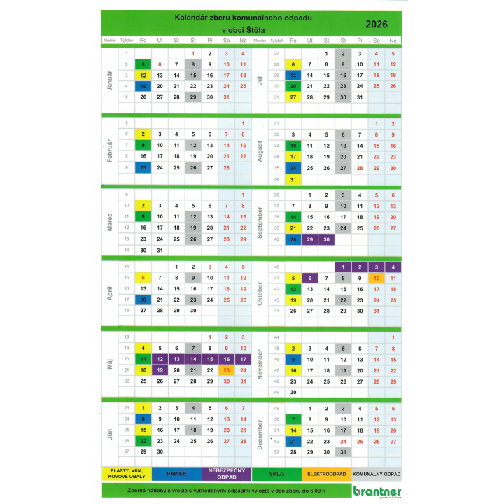 Kalendár zberu komunálneho odpadu v obci Štôla 2026