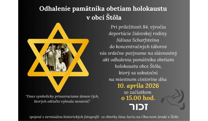 Odhalenie pamätníka obetiam holokaustu dňa 10. apríla 2026 o 15.00 hod. na miestnom cintoríne 