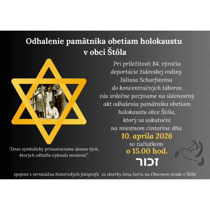 Odhalenie pamätníka obetiam holokaustu dňa 10. apríla 2026 o 15.00 hod. na miestnom cintoríne 