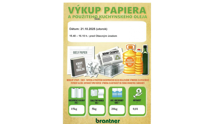 Plánovaný zber papiera dňa 21.10.2025 ( utorok ) o 15.40 – 16.10 h. pred obecným úradom