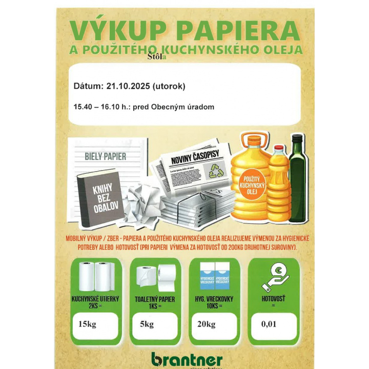 Plánovaný zber papiera dňa 21.10.2025 ( utorok ) o 15.40 – 16.10 h. pred obecným úradom