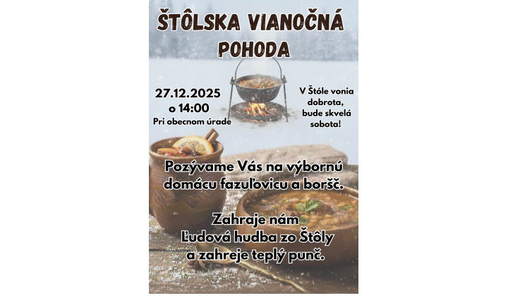 Štôlska vianočná pohoda dňa 27.12.2025 o 14.00 hod pri obecnom úrade
