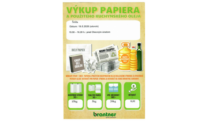 Výkup papiera a použitého kuchynského oleja dňa 19.05.2026 ( utorok ) od 15.50 hod. do 16.20 hod. pred obecným úradom