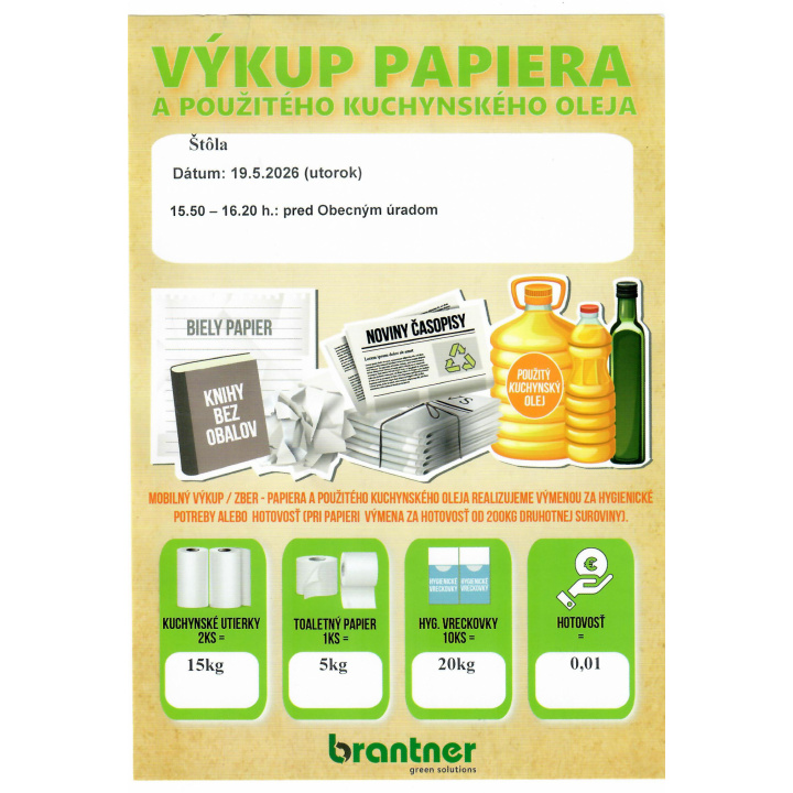 Výkup papiera a použitého kuchynského oleja dňa 19.05.2026 ( utorok ) od 15.50 hod. do 16.20 hod. pred obecným úradom